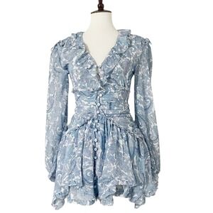 For Love Bell Blue White Paisley Ruffle V Neck Long Sleeve Mini Dress Size S